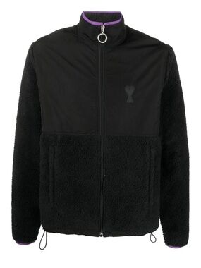 AMI Paris Black Reversible-style Fleece Jacket with Purple Trim